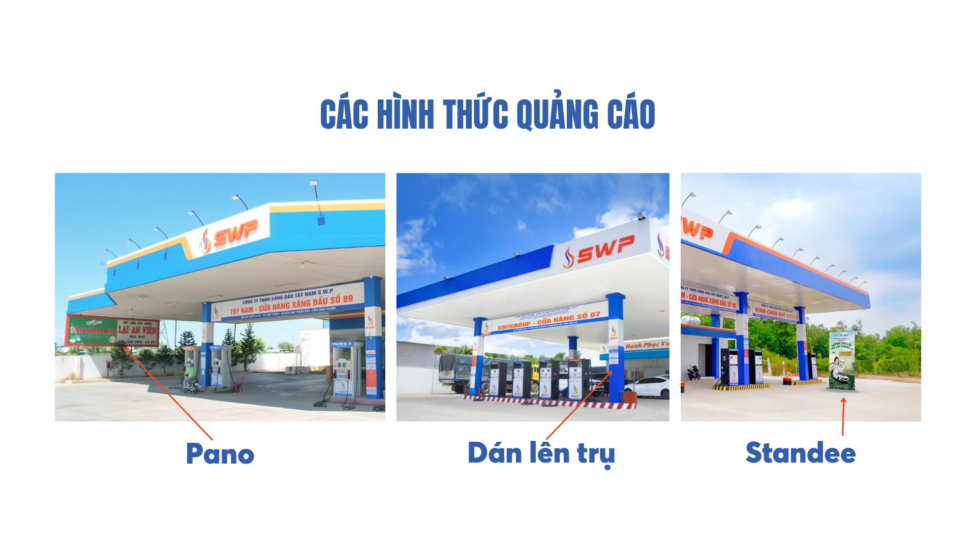 max petro - thương nhân phân phối xăng dầu - các hình thức quảng cáo tại cây xăng: pano, dán lên trụ, standee
